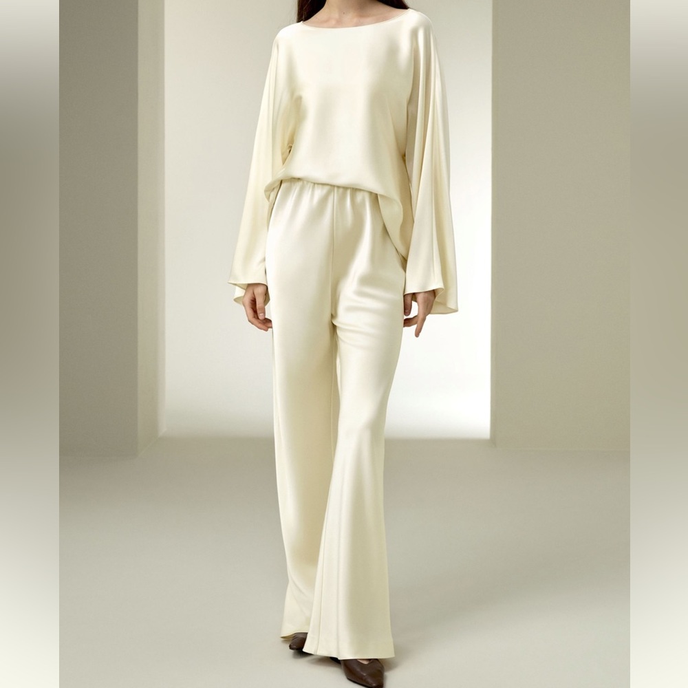 NWT LilySilk Silk Charmeuse Crewneck Blouse & Full Bias Cut Silk Pants
